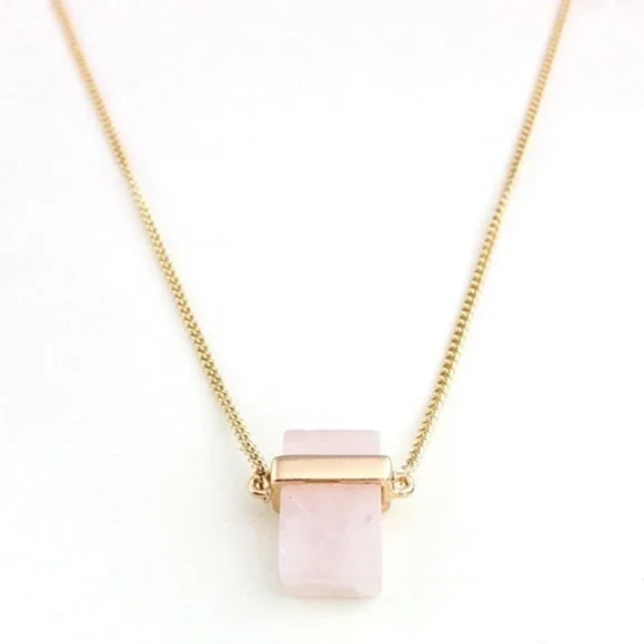 Rose Quartz Gemstone Necklace Pink Stone Gold Tone Tourmaline Natural NEW - Picture 5 of 5